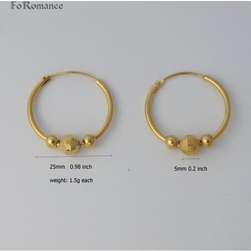 FoRomance WIDTH 25 MM 0.98 inch CUTE CARVED MIDDLE BALL 5MM LINE PLAIN ROUND SHAPED YELLOW GOLD GP FILLED HOOP EARRING