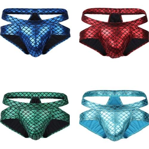 Mens Male Shiny Fish Scale Print Briefs Thongs Hollow Out Low Waist Jockstraps Bulge Pouch Lingerie Underwear Underpants