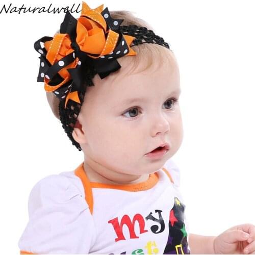 Naturalwell Baby Girls Halloween Bows Orange And Black Hair Bows Toddler Headband Big Bows Girls Oversize Bows Photo Prop HB591