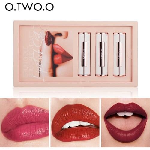 O.TWO.O Lipstick Set Lips Makeup Kit Long Lasting Waterproof Matte Lipstick Comestic Lip Balm Tint Woman Fashion Gift 3 Pcs Set