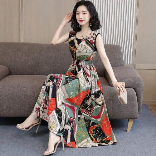 M-4xl Summer Chiffon Vest Dress Sleeveless O-neck Tea-length Floral Print Slim Plus Size 2colors Party Robes De Cocktail 1250