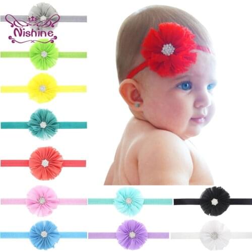 Nishine 7.5 CM Solid Color Chiffon Flower Newborn Infant Headband Diamond Shaped Rhinestone Baby Girl Hairband Children Headwear