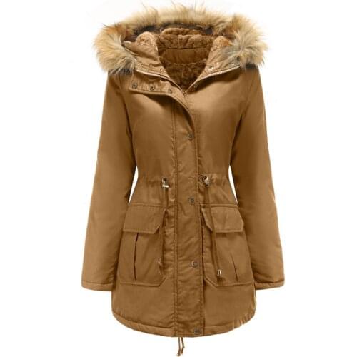 Outdoor Ladies Parka Coat Khaki Hooded Plush Jacket Warmth Thickening Tunic Overcoat Winter Female Plus Size Cotton Padded Tops