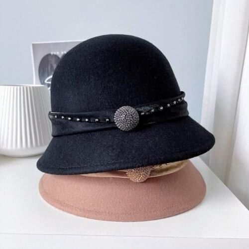 New Female Bucket Hat Winter 100% Wool Vintage Ladies Fedoras Felt Hats Fashion French Bowler Sombrero Church Derby Flat Top Hat