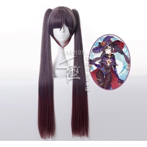 Game Genshin Impact Mona Cosplay Double Ponytail Dark Purple Wig Anime Costumes Earrings Hair Accessories Necklace Free Wig Cap