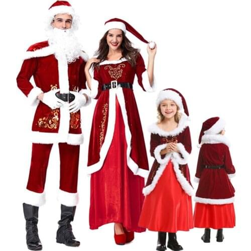 A Full Set Of Family Christmas Dress Set Warm Adult Kids Girls Mommy Velvet Santa Claus Clothes Cosplay Xmas Party Dress