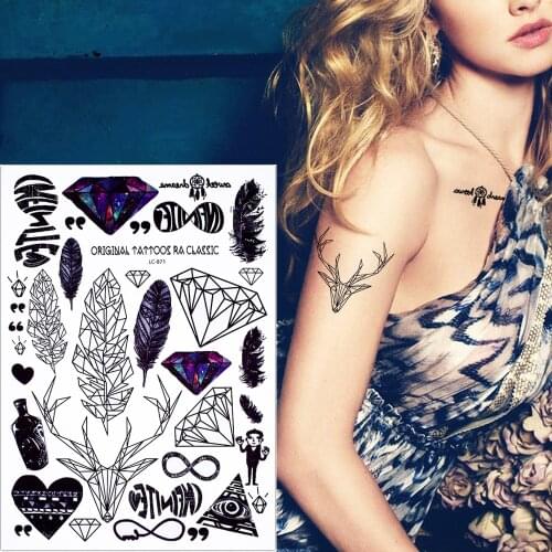 Rocooart 1 Sheet Watercolor Body Makeup Decal Fake Black Multiple Pattern Feather Wolf Temporary Tattoo Sticker Neck Wrist Art