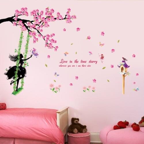 Romantic Plum Tree Flower Fairy Swing Wall Stickers For Kids Room Bedroom Living Room Home Decor DIY Art Decal Poster Mural