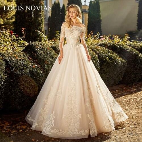 Louis Novias Sexy Fan Neck Luxury Lace Princess Wedding Dress Long Sleeve Embroidered Decal Bridal Dress Romantic Wedding Dress
