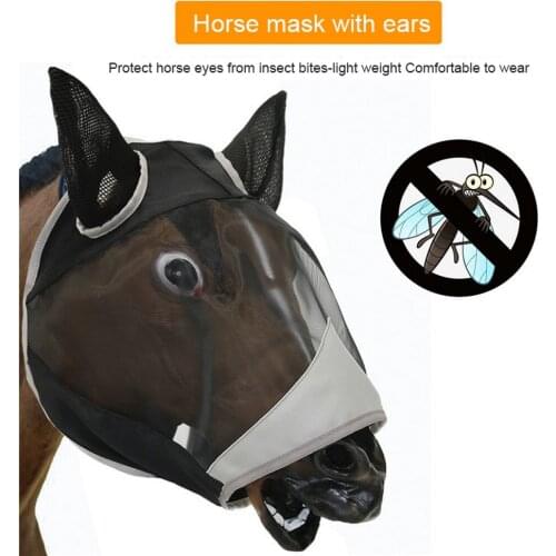 Horse Detachable Fly Mask with Ear Bob Eye Grey Black Color Elastic Adjustable Anti-mosquito Nose UV Mosquitoes Sun Protectiv