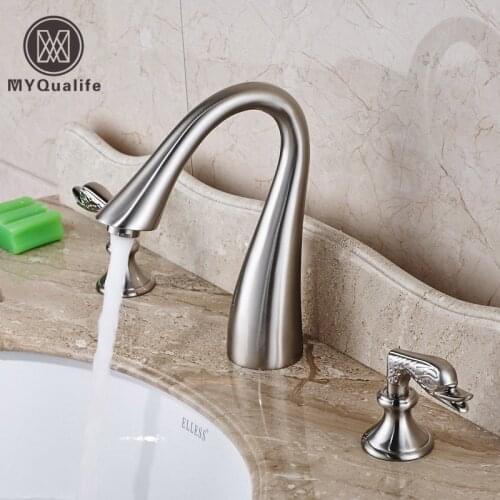 Goose Neck Bathroom Brushed Basin Sink Faucet Dual Handles Widespread Washbasin Mixer Taps