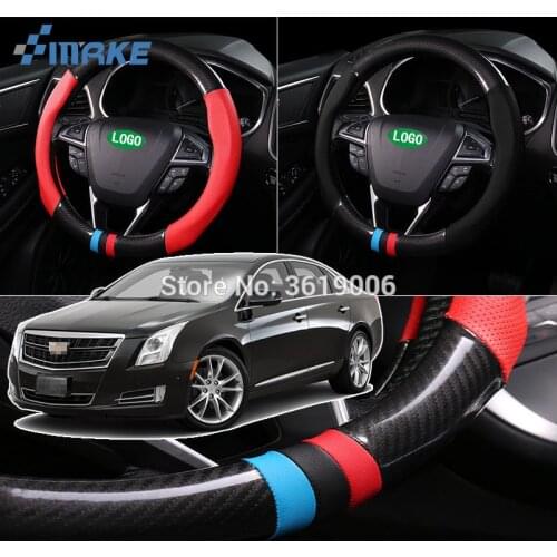 SmRKE For Cadillac XTS Steering Wheel Cover Anti-Slip Carbon Fiber Top PVC Leather Sport Style