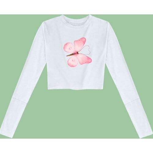 Women Oversize Butterfly Crop Tops Long Sleeve Cotton Two-piece Suits for Girls Aesthetic Harajuku T Shirt Vintage Jogging Femme