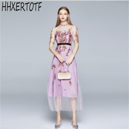 2021 spring summer Embroidery Party Dresses fashion sexy women Flower Embroidered Mesh Dresses Vestido