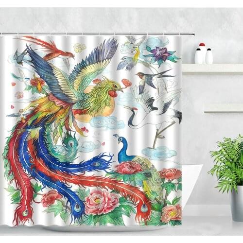 Chinese Style Birds Bathroom Shower Curtains Color Feather Peacocks Flowers Plant Print Creative Fabric Screens Bath Curtain Set