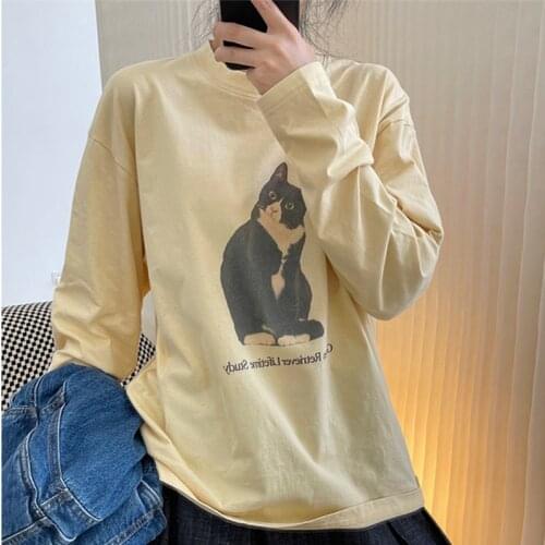 2021 New Autumn Elegant Ladies T-shirt Print Round Neck Loose Fashion Female Tee Casual High Quality Women Tops T222