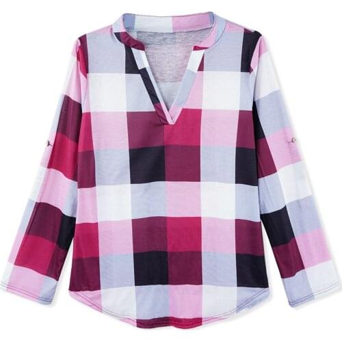 Women Fashion Plaid Shirt Tops and Blouses Casual Long Sleeve V-neck Streetwear Ladies Blusas Femme 2019 Clothes