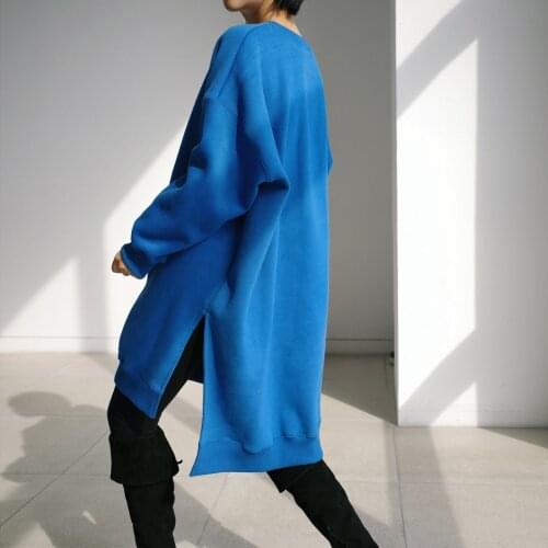 Johnature 2021 New Solid Color Women Hoodies Autumn Winter Long Slits Loose O-neck Pullover Female Sweatshirts