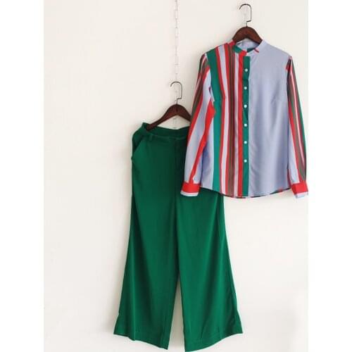 2021 spring autumn women runway pant sets blue striped blouses + green pants high quality elegant 2 pieces sets