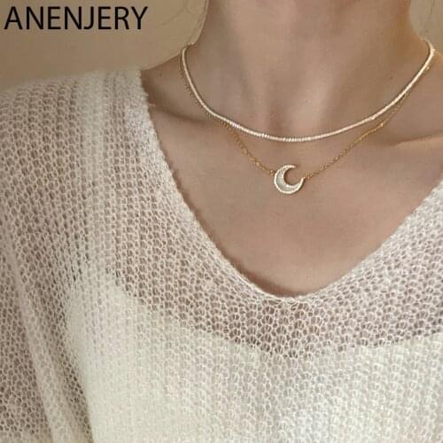 ANENJERY 925 Sterling Silver Micro-inlaid Moon Shell Necklaces for Women French Light Luxury Clavicle Chain Wholesale
