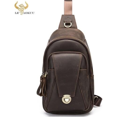 2021 Men Thick Crazy horse Leather Vintage Triangle Crossbody Sling Chest Bag Design Travel One Shoulder Bag Daypack Male 8018