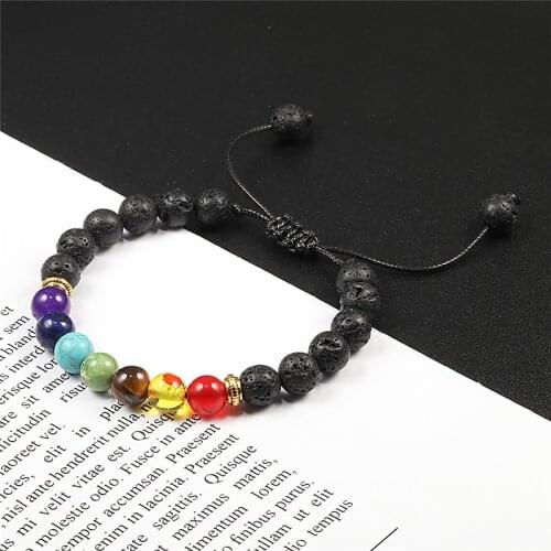 7 Chakra Energy Natural Stone Volcanic Lava Tiger Eye 8mm Beads Black Braided Bracelets for Women Men Meditation Reiki Jewelry