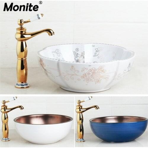 White Art Ceramic Vessel Bathroom Sink Set Golden Polished Teapot Spout Bathroom Faucet Design Gold inside Basin Mixer Tap