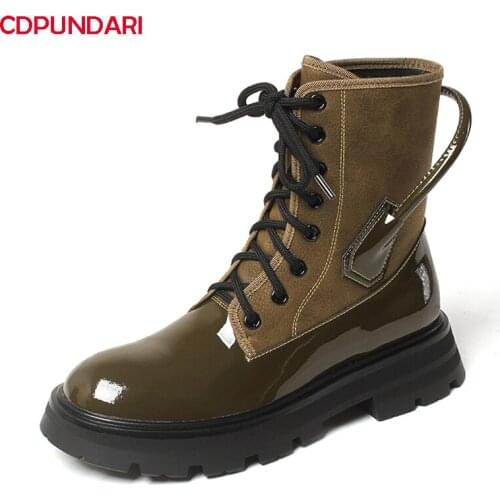 Ladies Black Genuine Leather Med Heels Platform Ankle Boots Women Autumn Winter Punk Martin Short Boots Shoes Bottes Plateforme