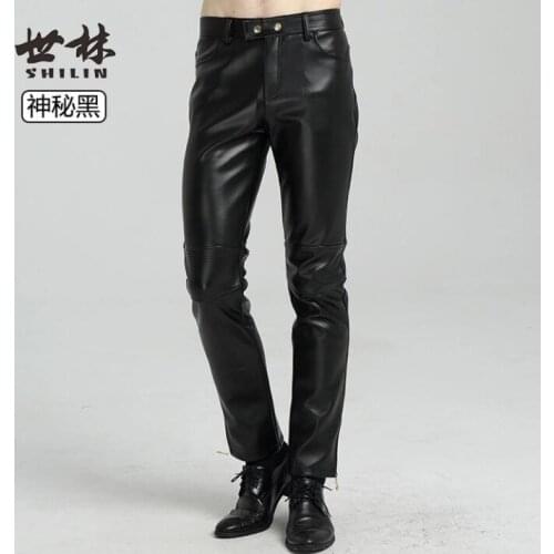 Summer faux leather pants mens feet pants fashion thin motorcycle pu trousers for men personality pantalon homme splice black