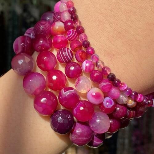 Fuchsia Natural Stone Faceted Agates Beads Striped Round Loose Beads For Jewelry Making Diy Bracelet Charms Accessories 4-12mm