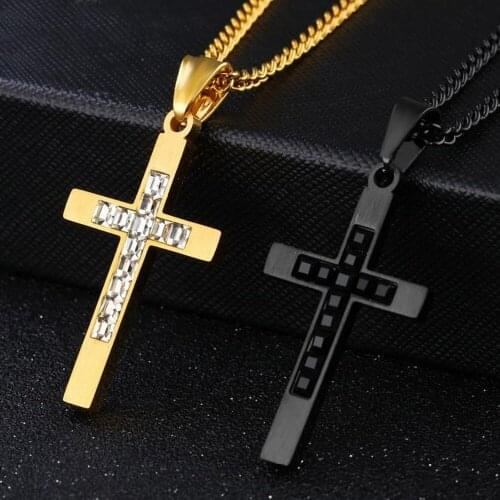 Top Design 316L Stainless Steel Gold Black Tone Cross Crucifix Men Women Pendant Necklace Free Box Chain 24" Unisexs Jewelry