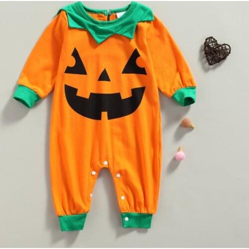 Halloween Baby Girls Boys Romper Toddlers Spring Autumn Pumpkin Smiling Face Printing Long Sleeve Round Collar Jumpsuit Costume