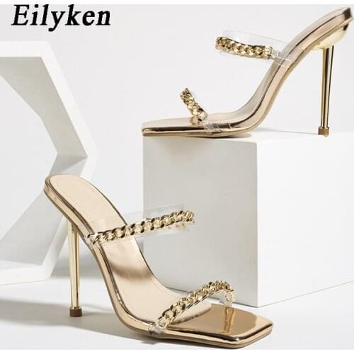 Eilyken Fashion Chain Design PVC Transparent Strap Women Slippers Summer Square Toe Sandals Stiletto Heels Party Ladies Shoes