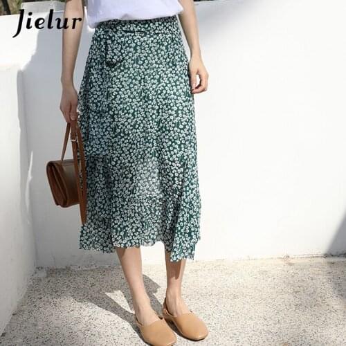Jielur Summer Green Floral Womens Skirt Chiffon High Waist Ruffles Skirts Fairy Retro Casual Beach Hot Female Faldas 2021 New