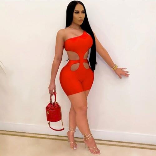 One Shoulder Sleeveless Rompers Womens Jumpsuit Summer Waist Band Cut Out Backless Playsuit Active Wear Sport Party Club Outfit