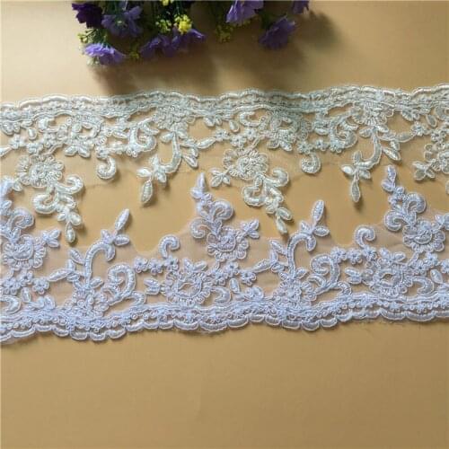 1Yard Embroidered Lace Trimming Tulle Pure White Off White Lace Trim Yarn Full Dress Border Corded Applique DIY Craft