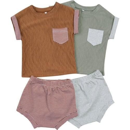 Summer Toddler Kids Baby Boys Girls Clothes Sets Pocket Short Sleeve T-shirts Tops+Striped Shorts Cotton Tracksuits Sets