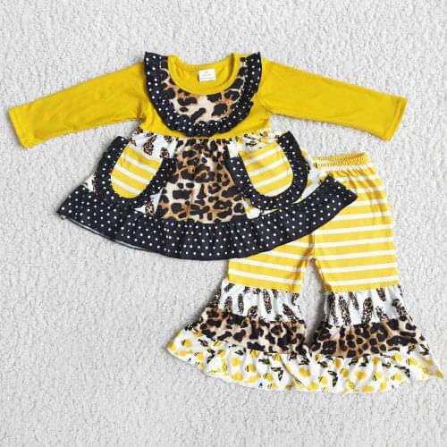Hot Sell Kids High Quality Clothes Girl Fall Long Sleeve 2 Pieces Set Toddler Leopard Outfits With Pockets