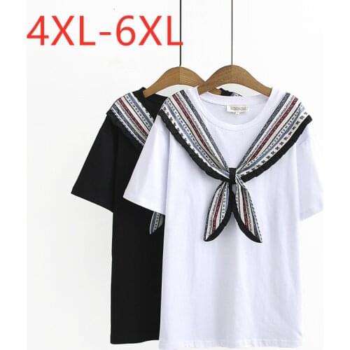 New 2021 summer plus size tops for women large loose short sleeve cotton bow stripe O neck T-shirt black white 4XL 5XL 6XL