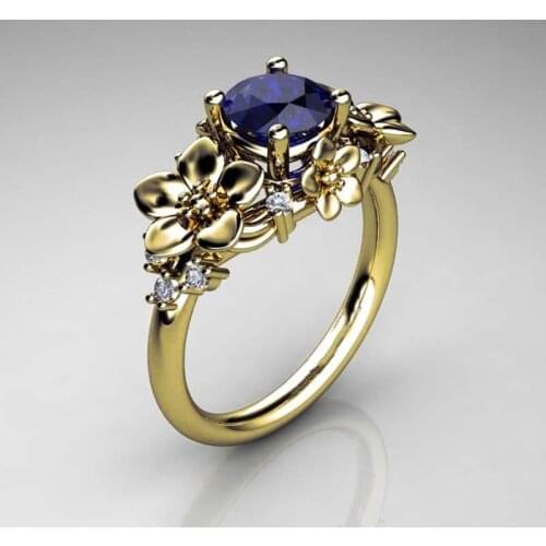 Creative Symmetrical Flower Carved Blue Crystal Inlay Luxury Womens Wedding Ring Glamour Jewelry