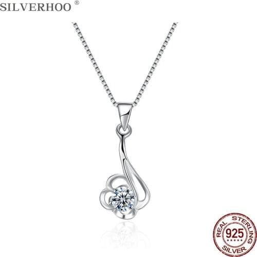 SILVERHOO 925 Sterling Silver Cute Flower Pendant Necklaces For Women Trendy Simple Silver Jewelry Circle Cubic Zircon Necklace