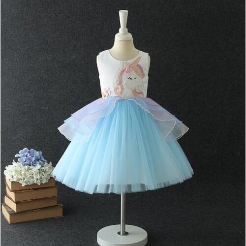 Brithday Girl Dress Layered for Weddings Bow Blue Flower Girl Vestido 2021 Girls Clothes of 3 4 6 8 10 12 Years Old RKF184083
