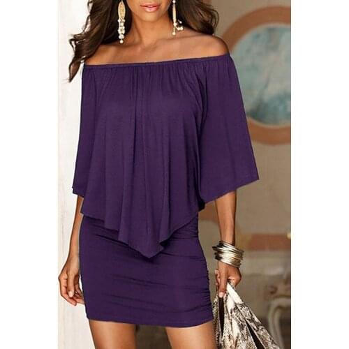 Women sexy off shoulder slash neck ruffle cape bodycon mini dress Purple red black summer dress Ladies night club party dresses