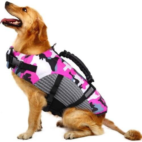Dog Life Jacket Pet Floatation Safety Vest Adjustable Camo Swimsuit Reflective Preserver With Rescue Handle For Swimming Boating