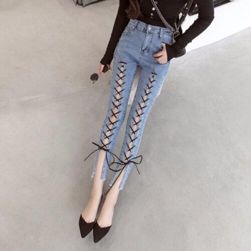 Summer New Women Lace Up Hollow Out Jeans Slim Fit Elastic Denim Pencil Pants Skinny Trousers High Waist Ladies Jeans Streetwear
