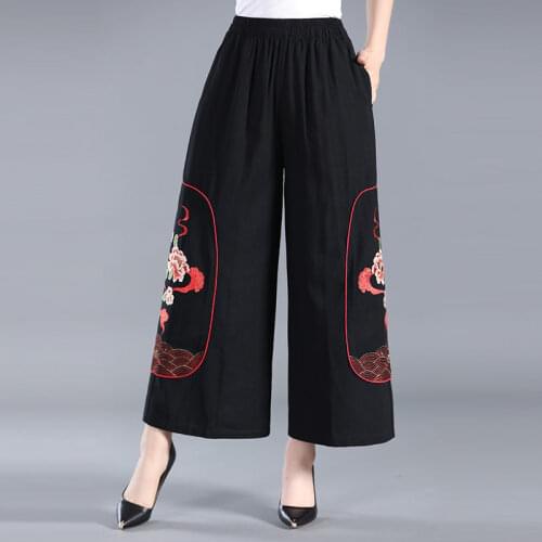 2021 New Arrival Summer Women All-matched Embroidery Ankle-length Pants Casual Loose Elastic Waist Wide Leg Pants W556
