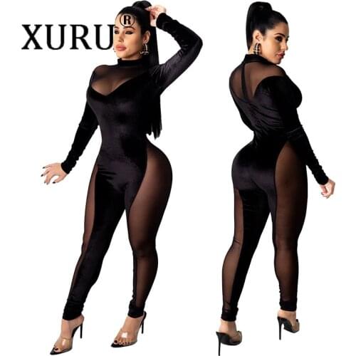 XURU European and American New Style Womens Jumpsuit Nightclub Sexy Mesh Stitching Jumpsuit