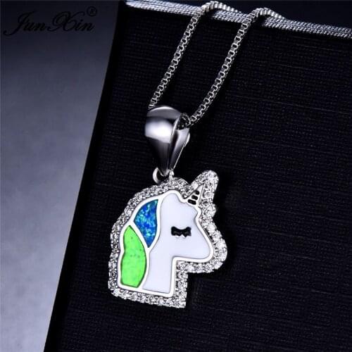 Boho Female Unicorn Animal Pendants Necklaces Fashion silver color Choker Necklace Blue Fire Opal Necklaces For Women