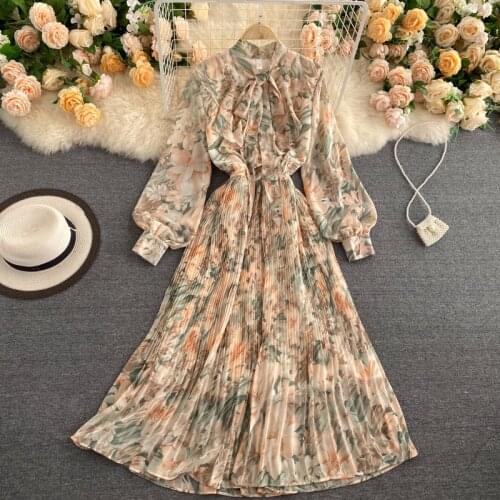 Womens Spring Summer Runway Fashion Flower Print Chiffon Dress Female Bow Collar Chic Travel Vintage Beach Dress TB1720