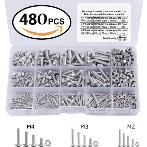 480Pcs Button Head 12 Sizes Screw and Nuts Kit,M2 M3 M4 Steel Assorted Hex Socket Head Cap Bolts Screws Nuts Assortment Set Kit